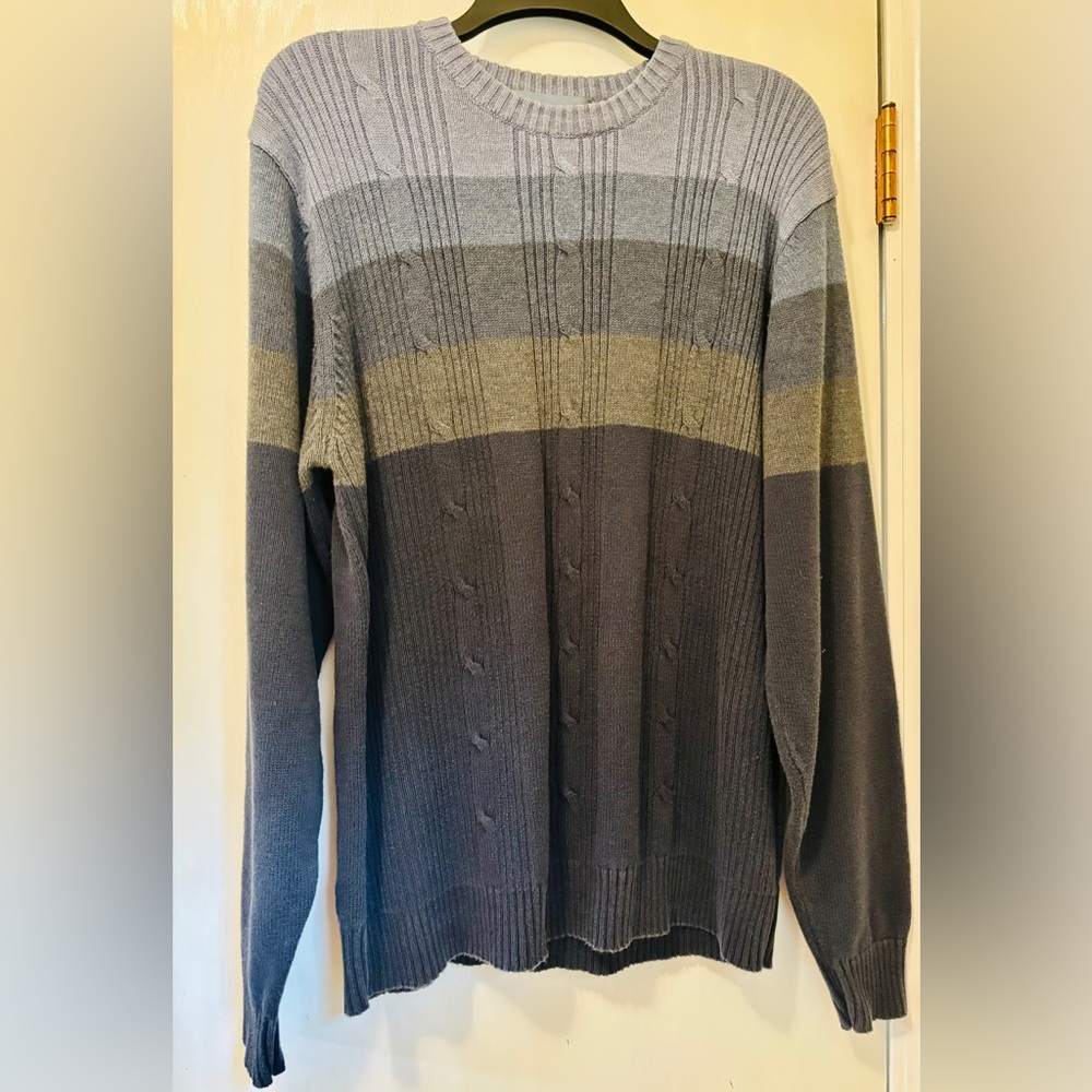Oscar de la Renta Mens Striped Blue Gray Cable Knit Sweater cotton blend size XL